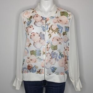 For Cynthia White Pink Blue Floral Sheer Zip Up Long Sleeve Cardigan XLP